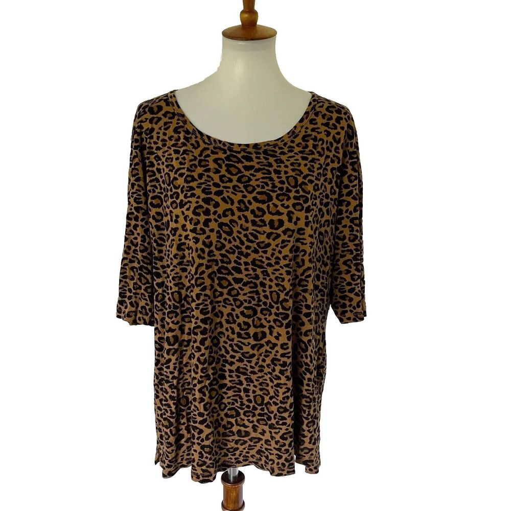 Terra Sky Women Tee Shirt Top Brown Leopard Print Short Sleeve Scoop Neck 0X 14W